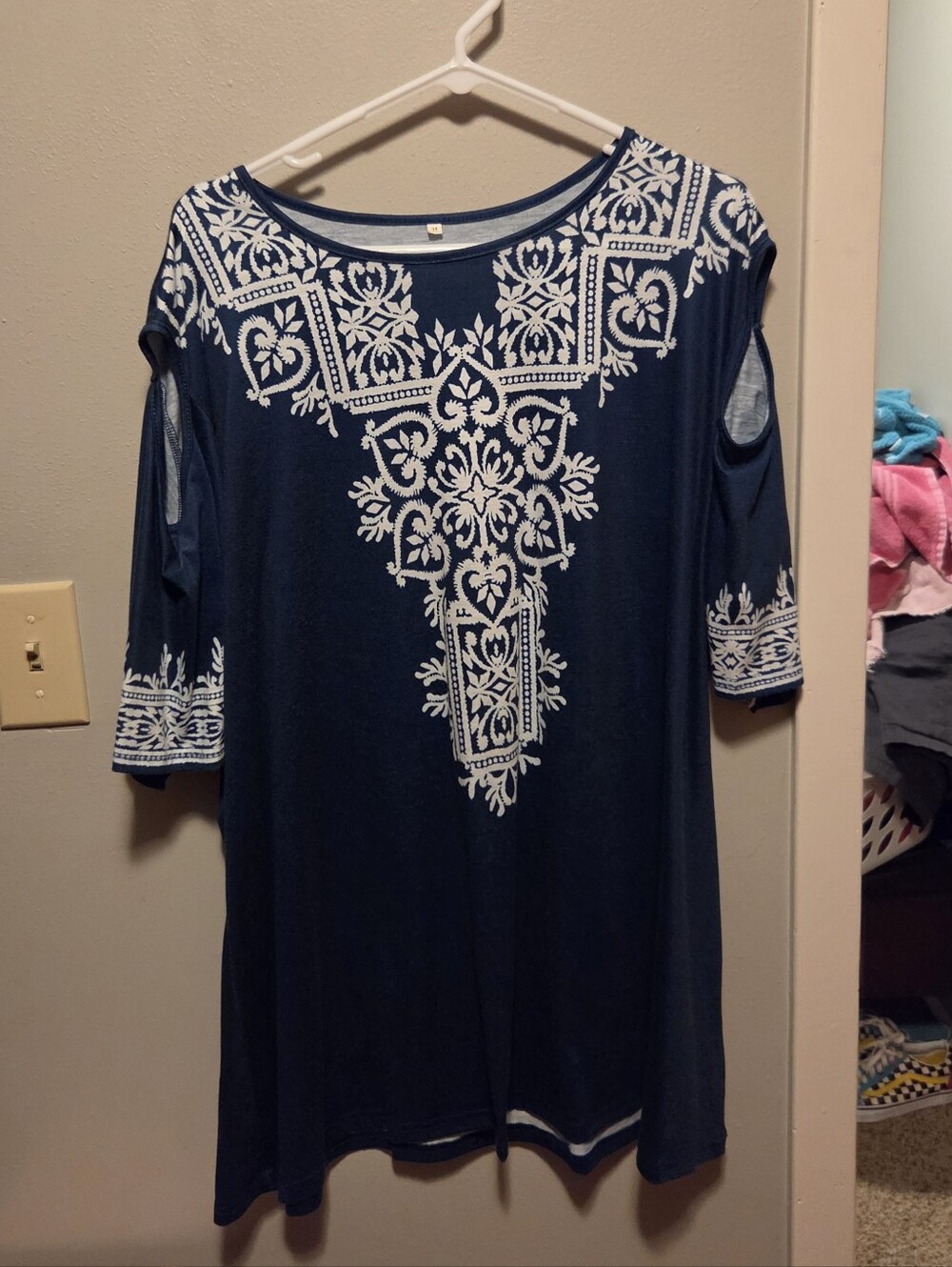 Embroidered Print Navy Cold-Shoulder Women’s Top